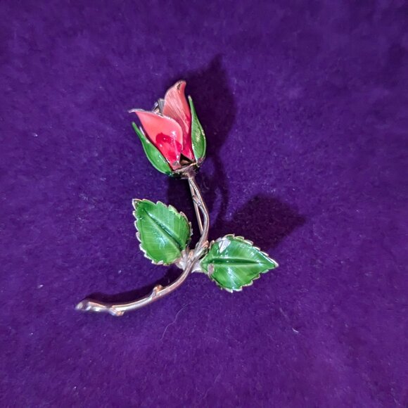 Vintage GIOVANNI Long Stem Enamel Rose Brooch - Picture 2 of 5